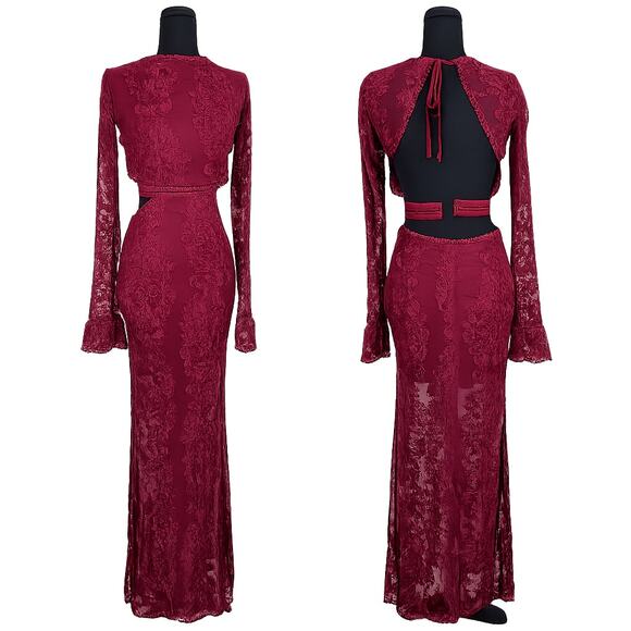 Whimsigoth Lace Open Back Flare Sleeve Gown Prom Gala Sultry Slinky Maxi Dress - Picture 2 of 11